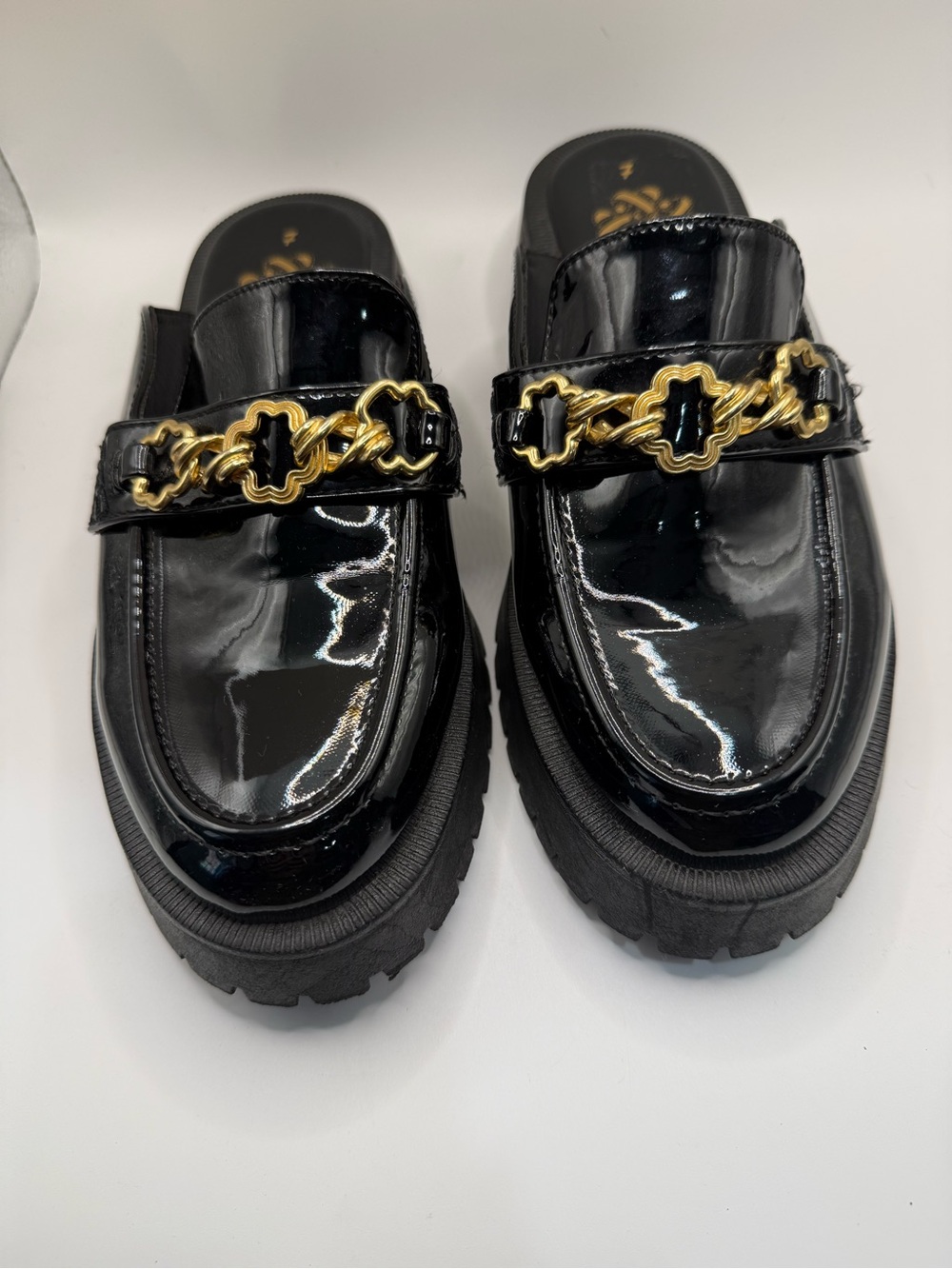 Sam & Libby Black Patent Chain-Detail Platform Mules